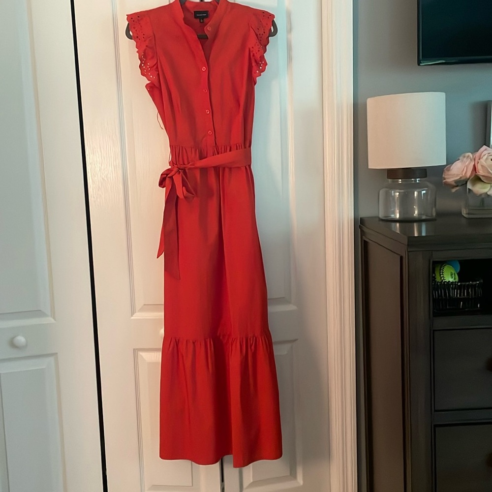 Orange, long belted dress